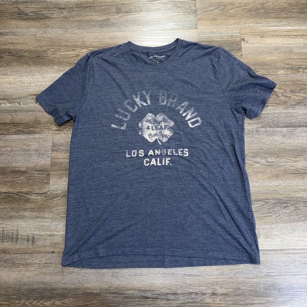 Lucky Brand Blue Heathered Graphic Shirt Mens L Four-Leaf Clover Los Angeles